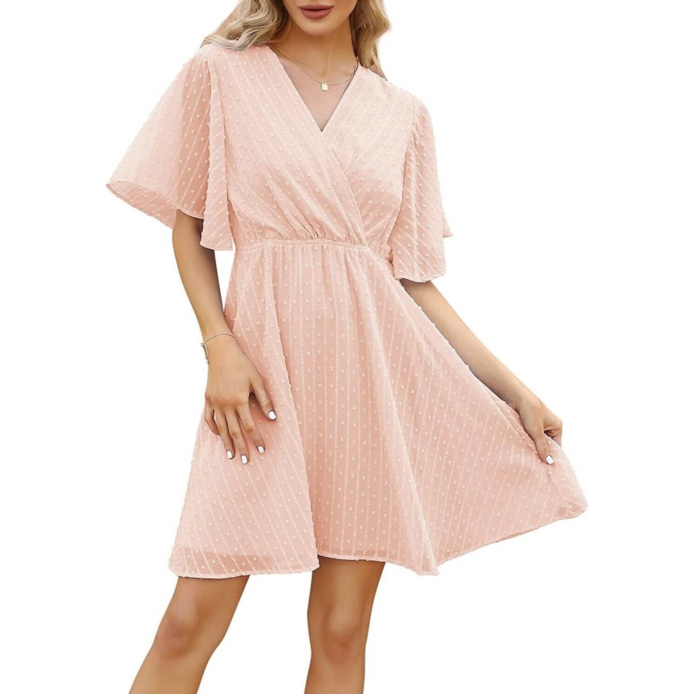 Womens 2023 Swiss Dot Mini Dress Bell Short Sleeve V Neck Chiffon Wrap...